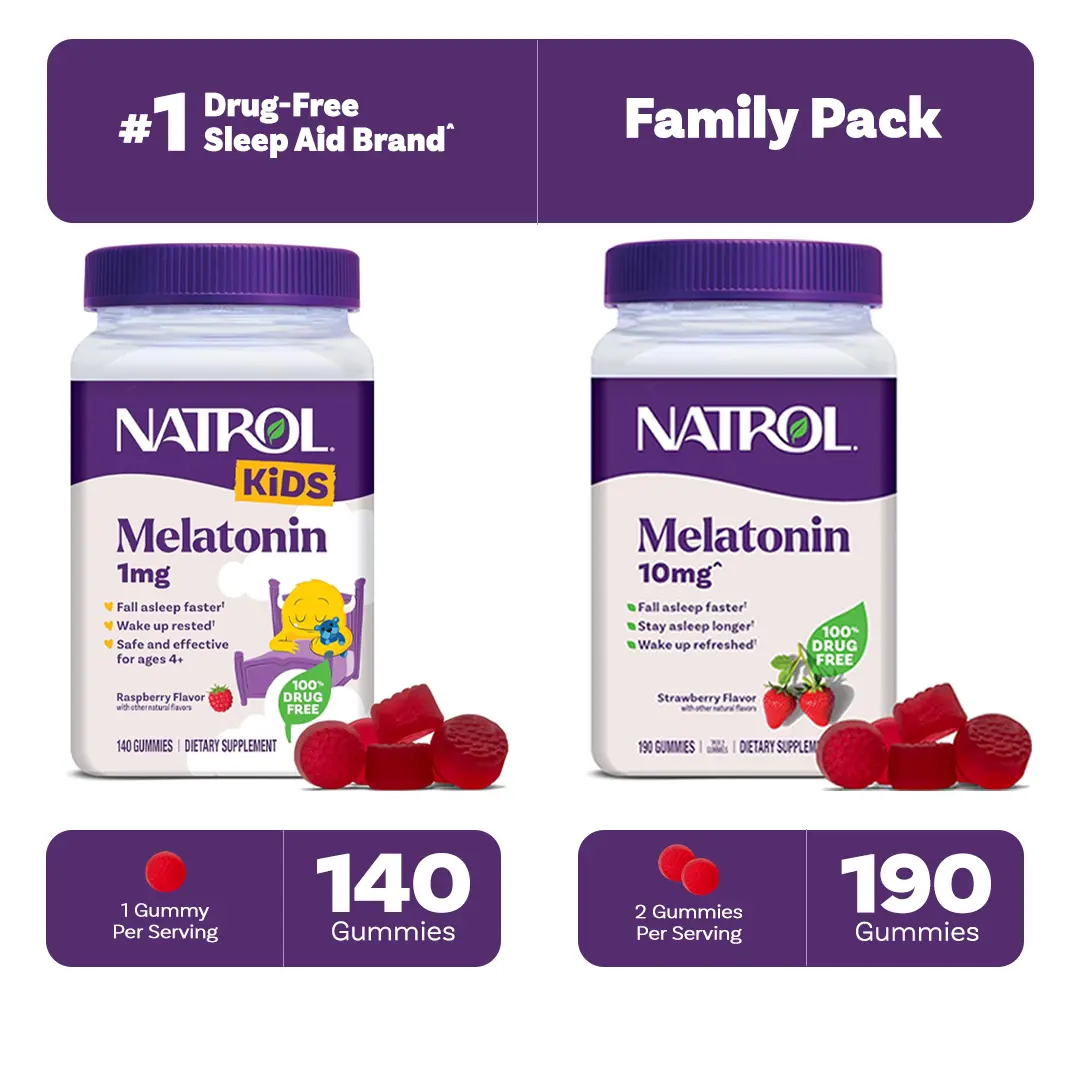 Natrol Melatonin Sleep Support Bundle – 10mg Adult Gummies 190ct + 1mg Kids Gummies 140ct