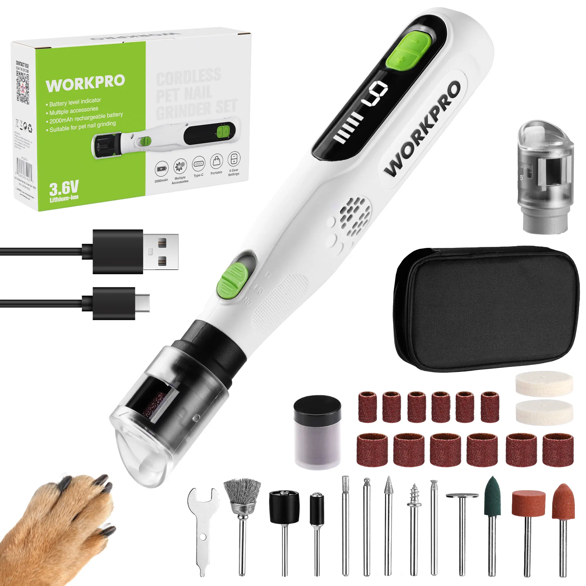 #fathersdaygift WORKPRO 6-Speed Dog Nail Grinder, Pet Nail Grinder for Small, Medium, and Large Dogs and Cats, 70 Accessories Rotary Tool with Type-C Charging Cable and Storage Bag for Sanding, Carving, and Polishing