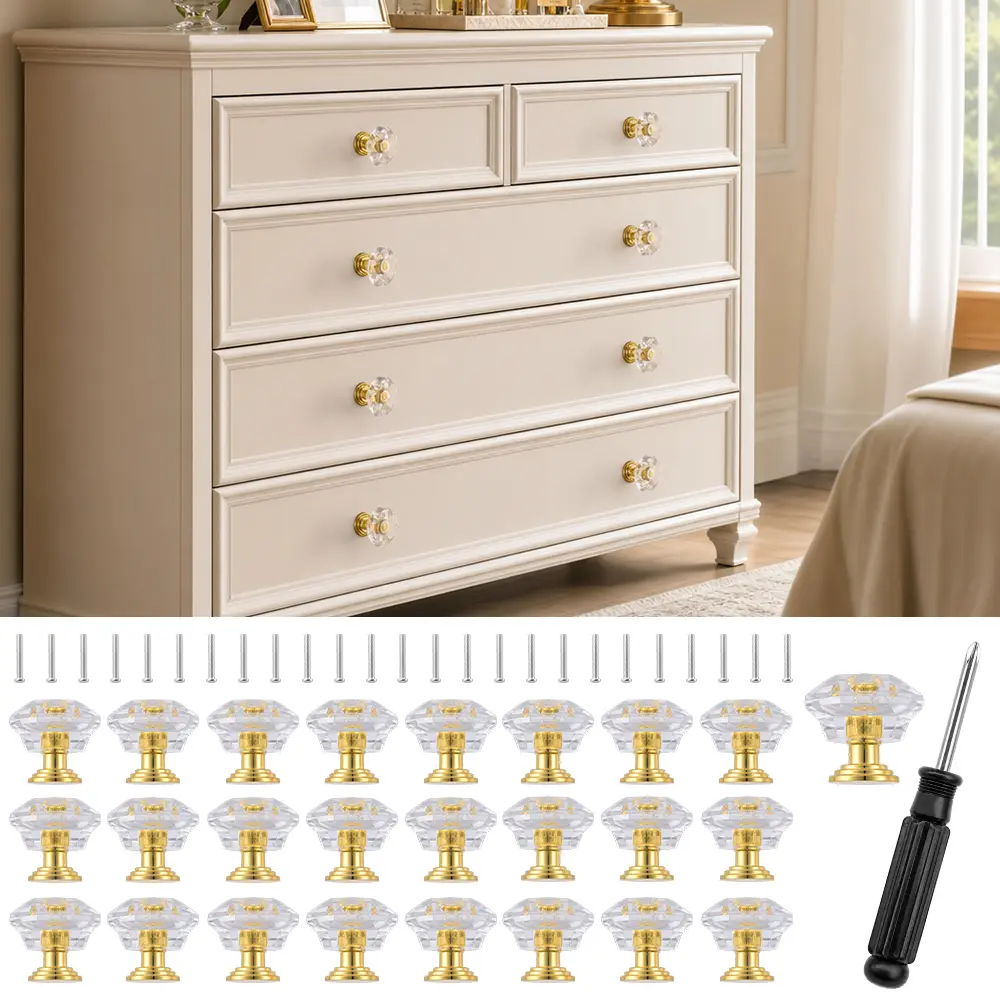 25Pcs Crystal Cabinet Knobs Pulls, Diamond Plastic Gold Decorative Kitchen Cabinet Handles for Dresser Drawer, Bedroom Wardrobe Pulls Bathroom Desk Knobs