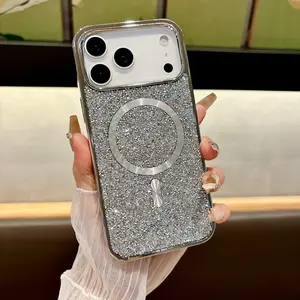 2026 Luxury Sparkly Bling Diamond Magnetic Phone Case for iPhone 17 Pro Max, 17, 17 Air, 17 Pro, 16 Plus,MagSafe, Metallic Colors.