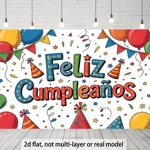 2D Flat Decorative Banner 1pc - Spanish Happy Birthday Banner with Colorful Balloons and Confetti Design Featuring "Feliz Cumpleaños" Text - Durable Party Decoration, Suitable for Indoor/Outdoor Wall Decor, No Power Needed, All-Season Use