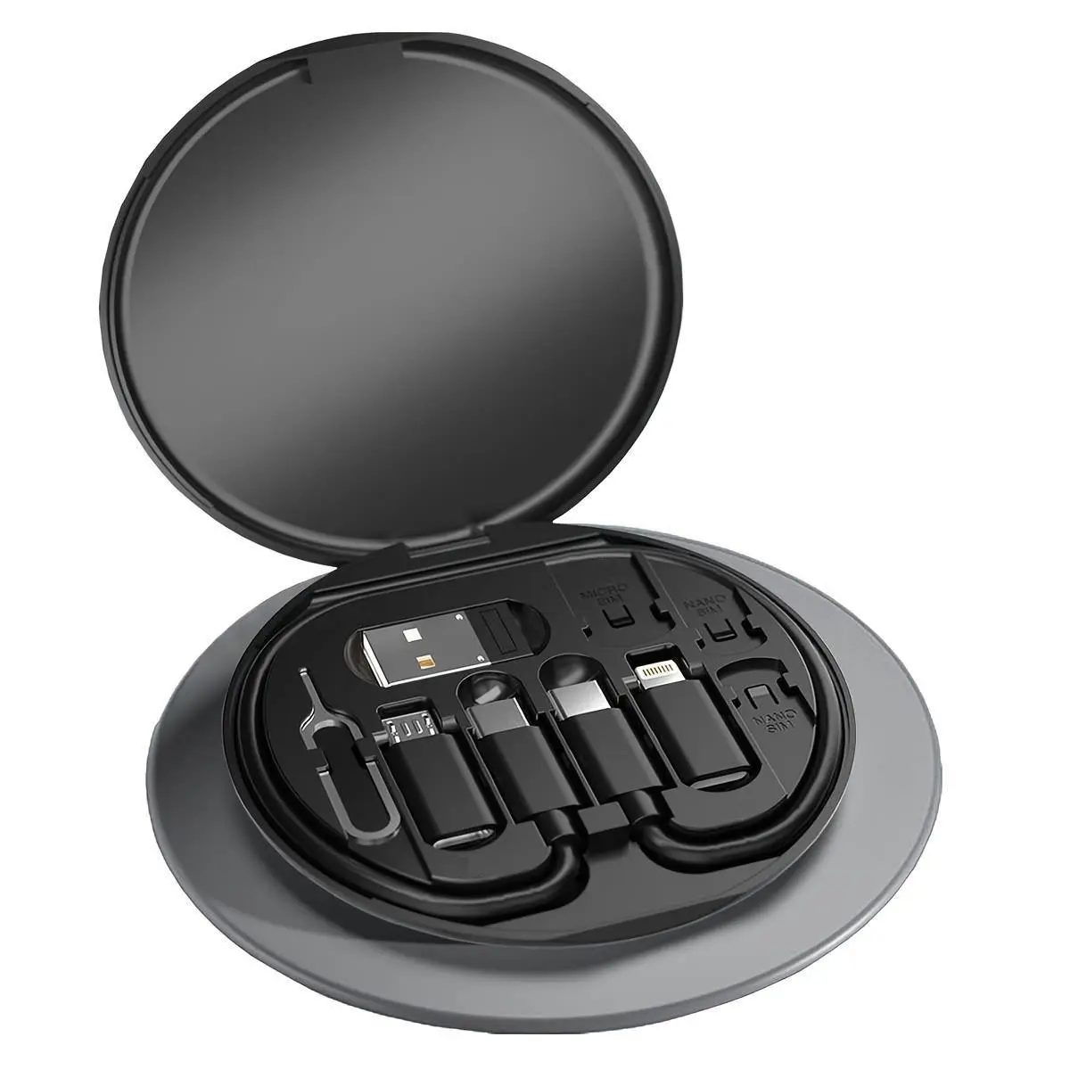 4-in-1 Multi-Function Cable Storage Box, Portable and Compact USB-C & USB-A & Micro-USB Charging Cable Kit with Phone Holder, Data Cable Set for Traveling