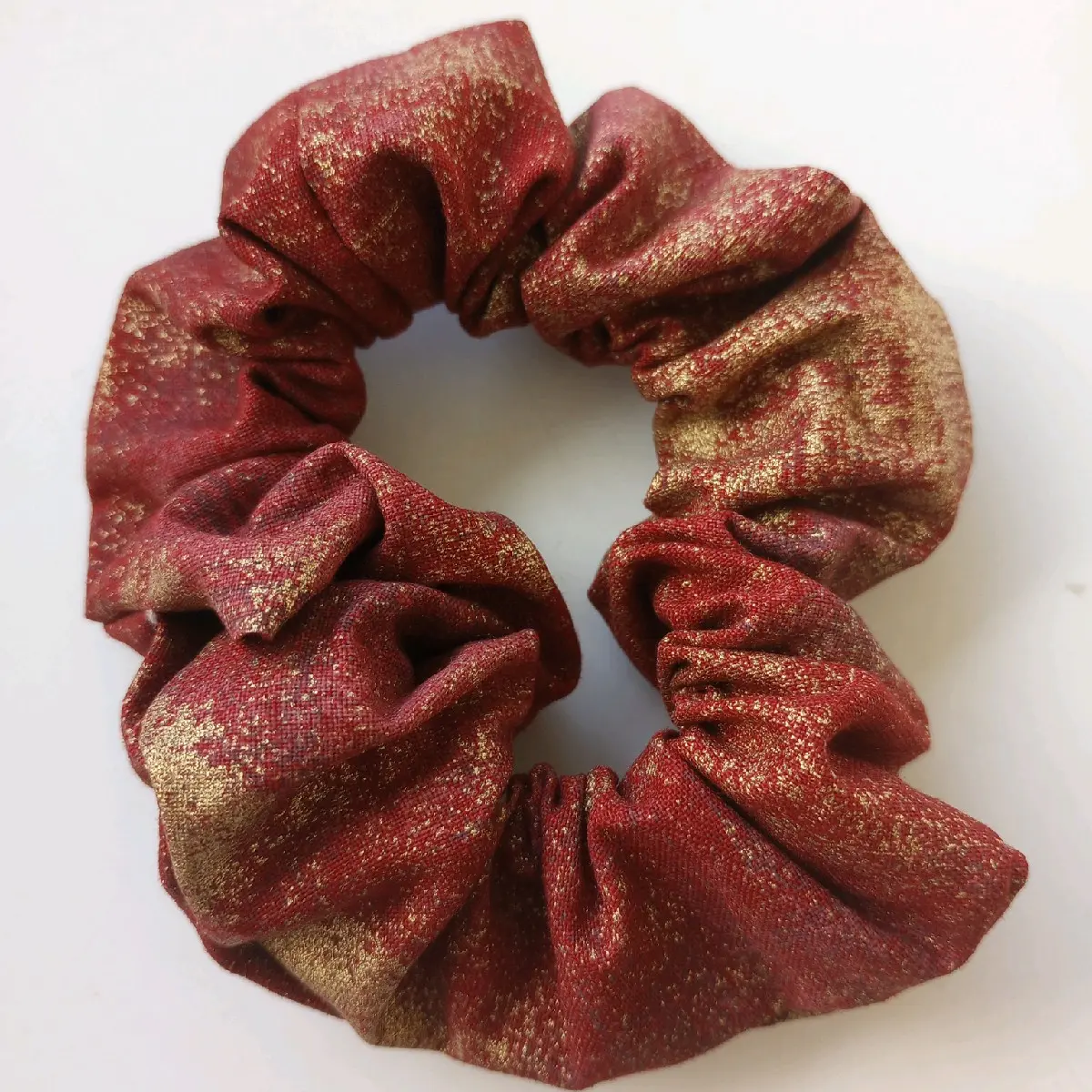 Maroon and Gold Christmas Scrunchie, Handmade 100% Cotton Hair Tie, Elegant & Festive Accessory with a Secure Hold for Parties, Damage-Free