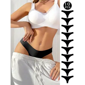 2026 Women's 10Pcs Black Solid Color Thong Underwear Soft Comfortable Breathable Seamless for Daily Wear All Seasons Panty