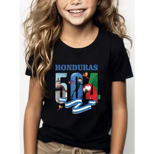 Honduras 504 Pattern Girls' T-shirt-Comfortable Polyester Blending, round Neck Short Sleeve, Perfect Summer Casual Wear for 1-8 Years Old Funny Graphic Tee
