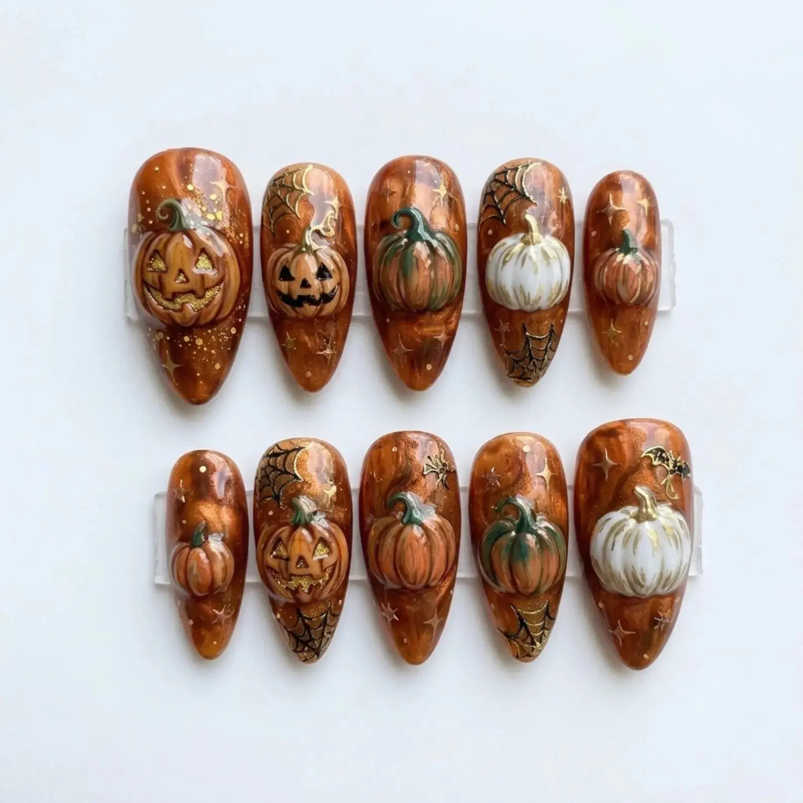 3D Pumpkin Press-On Nails - Realistic Jack-o'-lantern Art Stiletto False Nails for Halloween Autumn Decoration