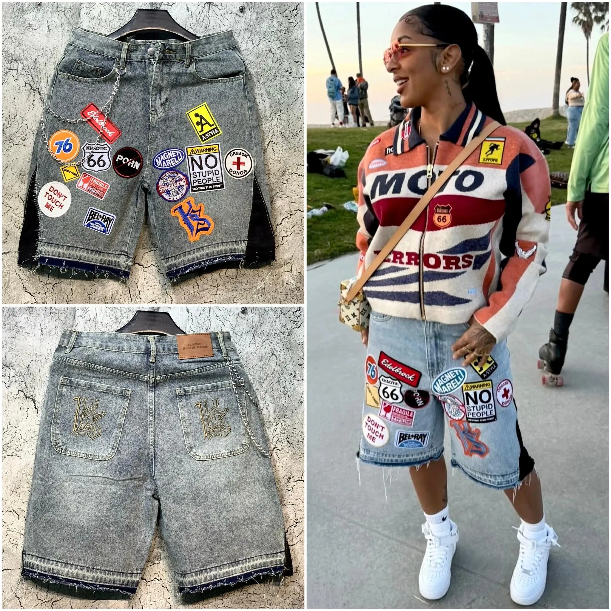American Patchwork Embroidered Denim Shorts Y2K Jeans Mens Womens Hip Hop Washed Baggy Shorts Low Waist Over The Knee Pants