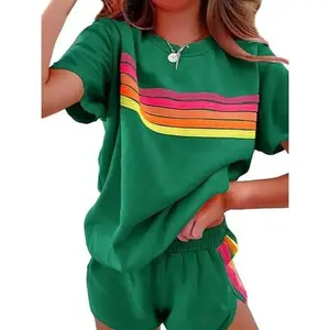 2 Piece Lounge Sets for Women Summer Rainbow Striped Tops Casual Shorts Color Blocked Suit Sweatshirts Set