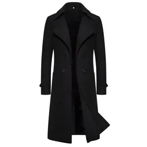 Men’s mid-length double-breasted wool trench coat for autumn and winter, slim fit, polyester pockets, long menswear