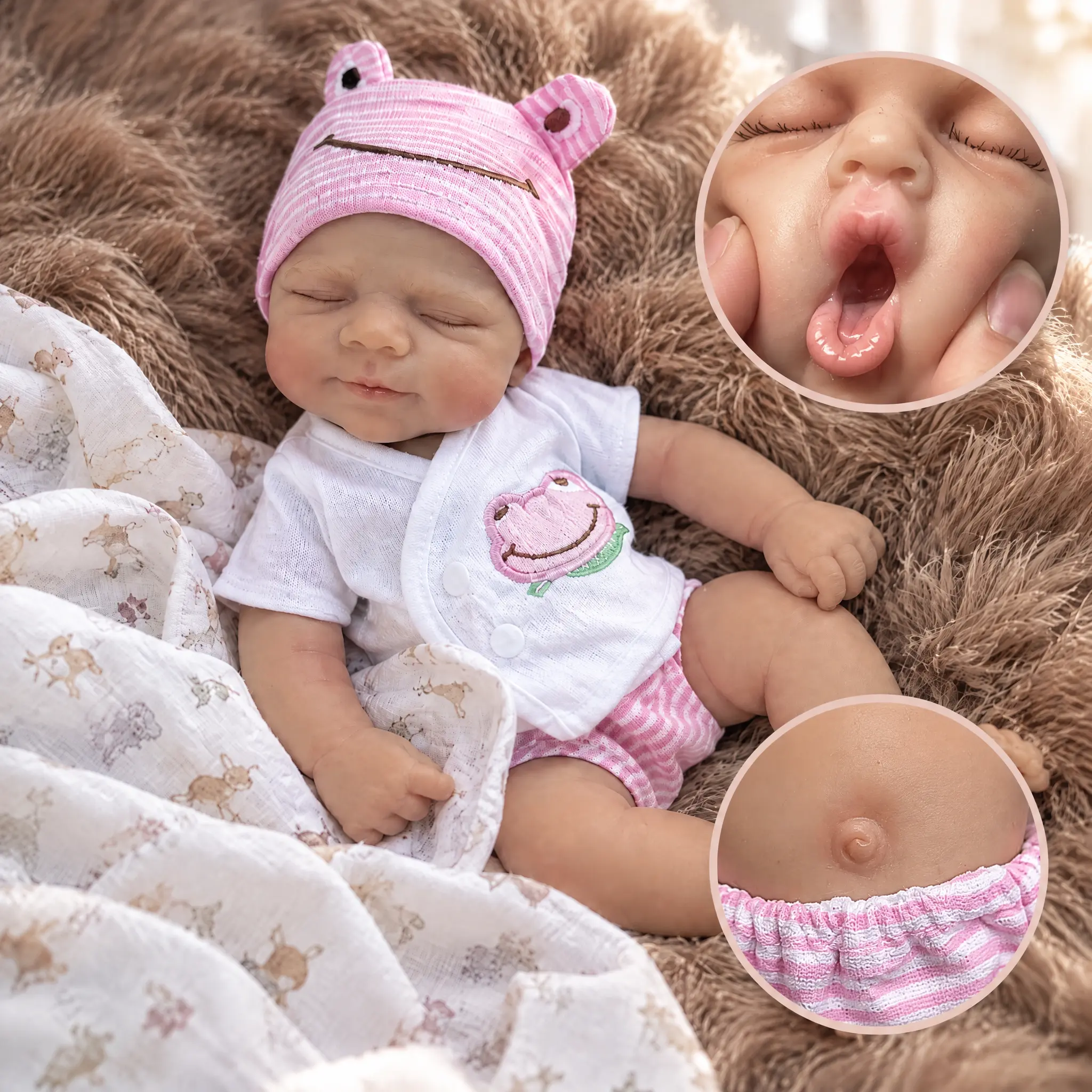 1PC 12.6in Open-Mouth Full Body Solid Silicone Reborn Doll Loulou, 3D Hand-Painted Skin, Washable Soft Touch, Cute Newborn Soft Doll, EN71 Certified Collectible Toy for Festival Gifts