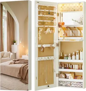 Mirror Jewelry Cabinet Wall Mounted with Lights 42" Tall Over The Door Hanging Armoire 3 Color Modes Storage Vanity Table Interior Mirror White
