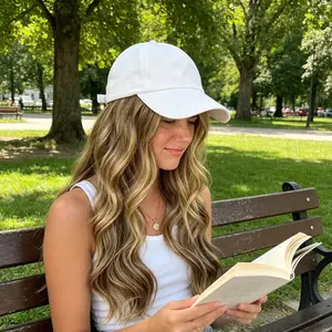 Women White Baseball Cap With Attached Ombre Blonde Highlight Mixed Color Long Wavy Hair Wig Adjustable Synthetic Heat Resistant Fiber Hat Wig Body Wave 24 Inch For Ladies Daily Party Travel Wear Begineer Friendly