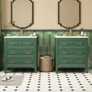 60'' Bathroom Vanity with Ceramic Sink Combo, Free Standing Single Vanity Set with 3 Drawers, Solid Wood Frame Bathroom Storage Cabinet, Green