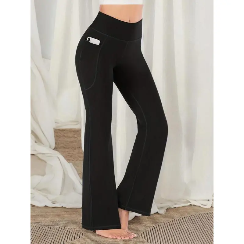 Women's Slim High Waist Pocket Flare Leg Pants Leggings Groove Outfits Casual Comfy High Stretch Bell Bottom Yoga Workout Gym Sports Trousers Fall Ladies Back To School Sportswear Clothing Fall Outfits 2024 Please Purchase A Size Up
