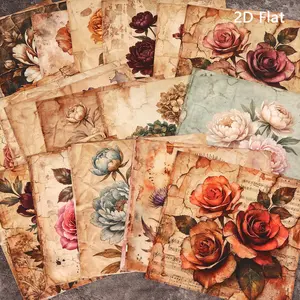 2D Flat 24sheets (Non-repeating Patterns) Vintage Flowers Large Size Self-adhesive Background Decoration Sticker, Matte Film Process, Aesthetic Scrapbook Decals, for Scrapbooking Supplies, DIY Landscape Creation, Collage Decoration, Junk Journals