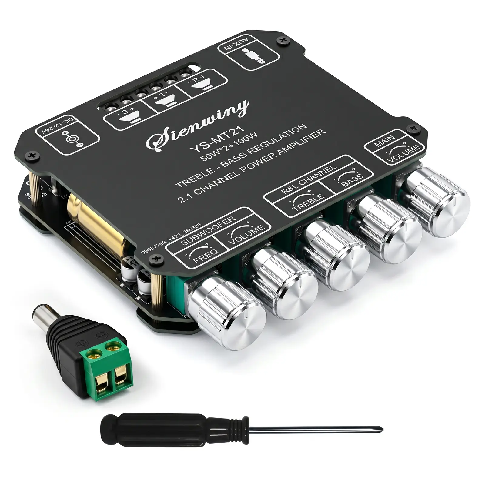 Bluetooth 5.0 2.1 Channel Audio Amplifier Board, 200W Amplifier Module with 50W×2+100W Subwoofer Output, Bass Treble Control, AUX Input, DC 12-24V for DIY Speakers, Home Audio