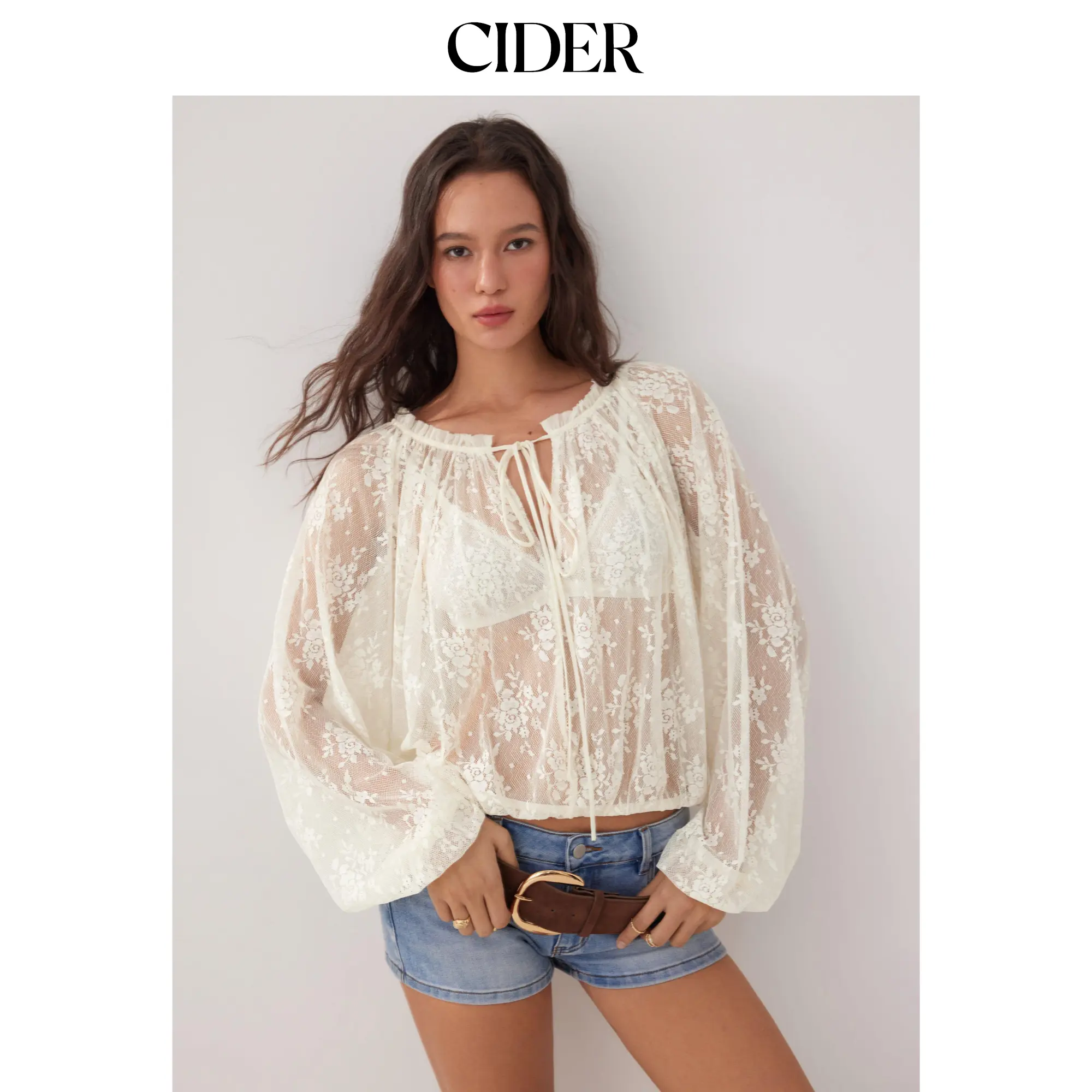 Cider Women's Elegant Floral Lace V-Neck Blouse - Nylon-Elastane Lace Blend, Ruffled Trim, Sheer Lantern Long Sleeves, Medium Length, Basic Pull-On Top for Ladies