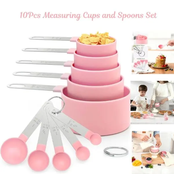 Blush Pink 10-Piece Stackable Kitchen Utensils Cup & Spoon Set - Stainless Steel Handles, Measurement Markings, Variable Sizes, Accurate Portion Measurement, Precision for Cooking/Baking