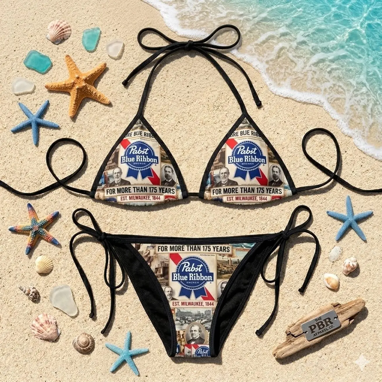 Vintage Y2K Pabst Blue Ribbon Beer Print String Bikini Hot Beach Summer All Size 6PH