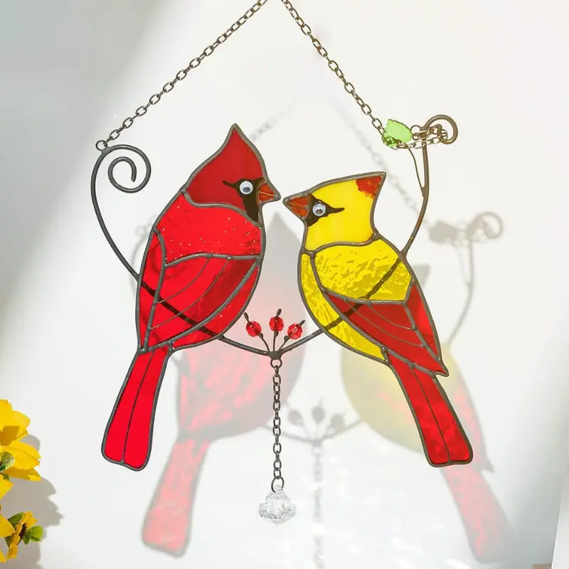 Nuptio Smooth Bird Pattern Stained Glass Suncatcher - Hanging Ornament, Realistic Colorful Art Decor, Indoor Window Suction Cup Hanger, Nature's Breath Touch, All Seasons Reusable Repositionable Room/Garden Decor, Bird Lovers' Anniversary Gift