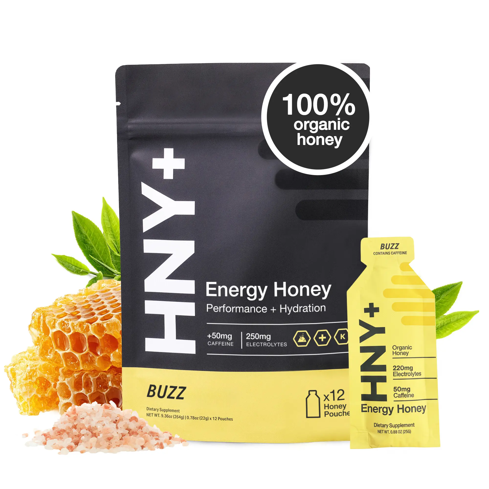 HNY+ Energy Honey – Organic Honey & Sea Salt Pre-Workout with Magnesium & Potassium – Natural Fuel for Running, Cycling & Workouts – 12, 24, 48 Pack
