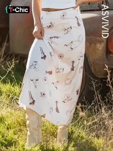 Women's Western Style Printed Satin Skirt, Daily Wear Long Skirt, High Waist, Elegant, Chic and Comfortable, Perfect for Casual