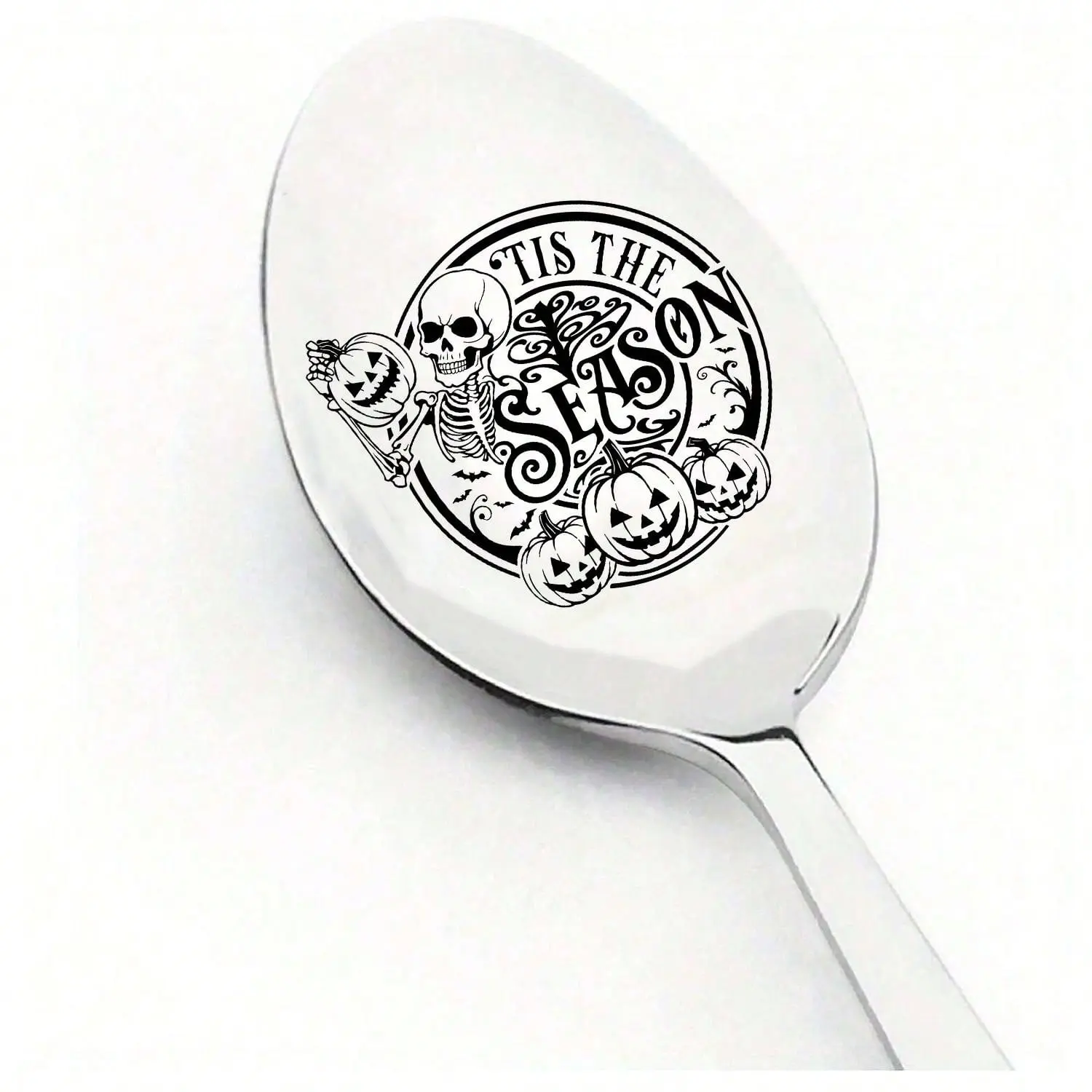 Halloween Stainless Steel Silver Color Spoon, Fun Printed Coffee Dessert Cake Ice Cream Mixing Spoon, Holiday Gift Decoration