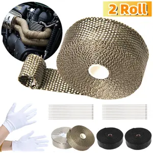 2 Roll 2" Fiberglass Pipe Header Exhaust Insulating Downpipe Manifold Heat Wrap Tape with Ties + Gloves Set Universal Gold/Black Color