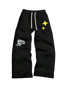 Men’s Black Streetwear Sweatpants - Graffiti Lettering, Yellow Star Prints - Ideal for Bold Casual Looks, Hangouts, Streetwear Outfits