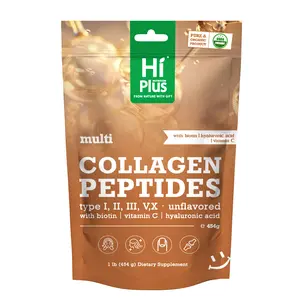 Hi Plus Multi Collagen Peptides Powder - Premium Hydrolyzed Formula (Types I, II, III, V, X) with Hyaluronic Acid, Biotin & Vitamin C, Unflavored - Enhanced Support for Radiant Skin, Strong Hair, Nails & Joint Health - 1 Month Supply" protein