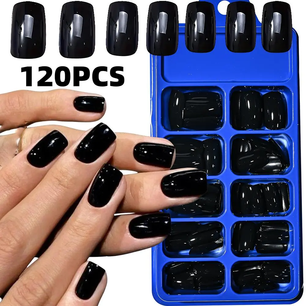 120PCS/box Glossy Black Fake Nails Tip Solid Color Full Cover Press On False Nail Reusable False Fingertips Square Wearable Nail