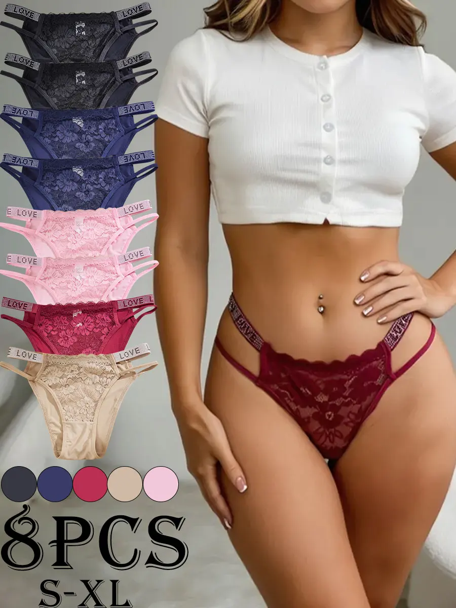 Women's Triangle Briefs 8-Pack, Retro Sexy Low Waist Lace Underwear with Rhinestone Love Letter Strap and Heart Cutout, Polyamide Elastane, Panties, Minimalist, Plain Patchwork, Breathable Lace, Chic, Everyday, Birthday, Vintage, Wedding, Lace Briefs, Do