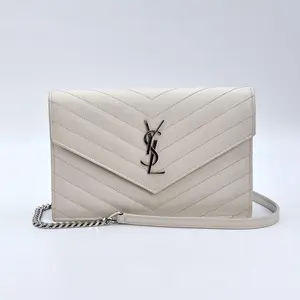 Pre-owned Yves Saint Laurent YSL Saint Laurent Grain De Poudre Matelasse Chevron Monogram Chain Wallet Icy White