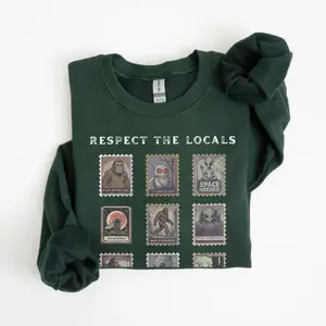 Respect the Locals Cryptid Sweatshirt: Vintage Stamp Hiking Gift, Bigfoot Gift Mothman Sweatshirt Alien Tee Weirdcore Christmas Gift