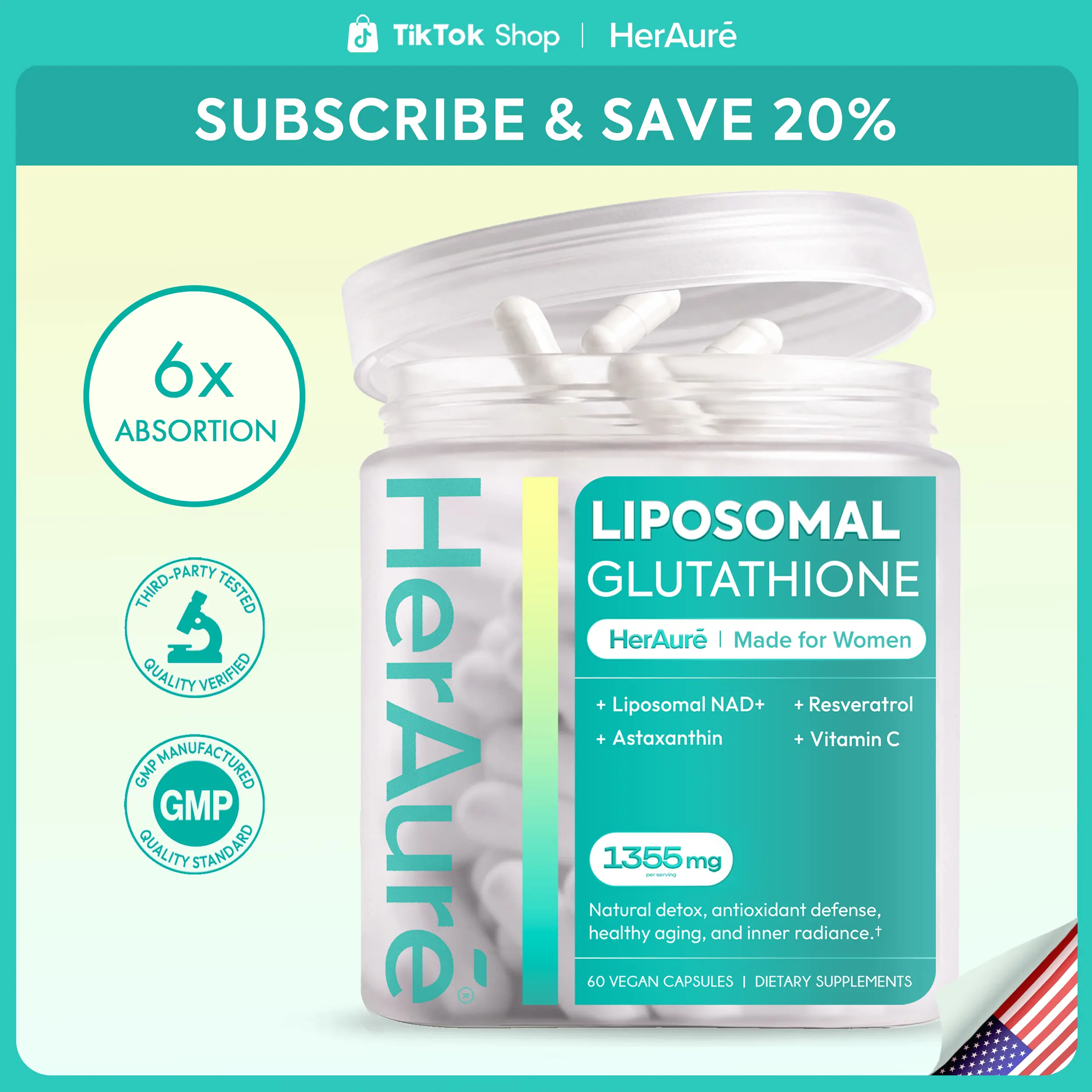 HerAuré Liposomal Glutathione 1355mg - Glutathione Supplement with Resveratrol, NAD+, Vitamin C & Astaxanthin - Ultra-High Absorption for Healthy Skin, Oxidative Stress Defense, Immune Support, Daily Energy & Liver Detox Support