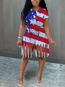 6665 Women’s Two-Piece Set: Short T-Shirt with American Independence Day Flag Print and Fringe Pants