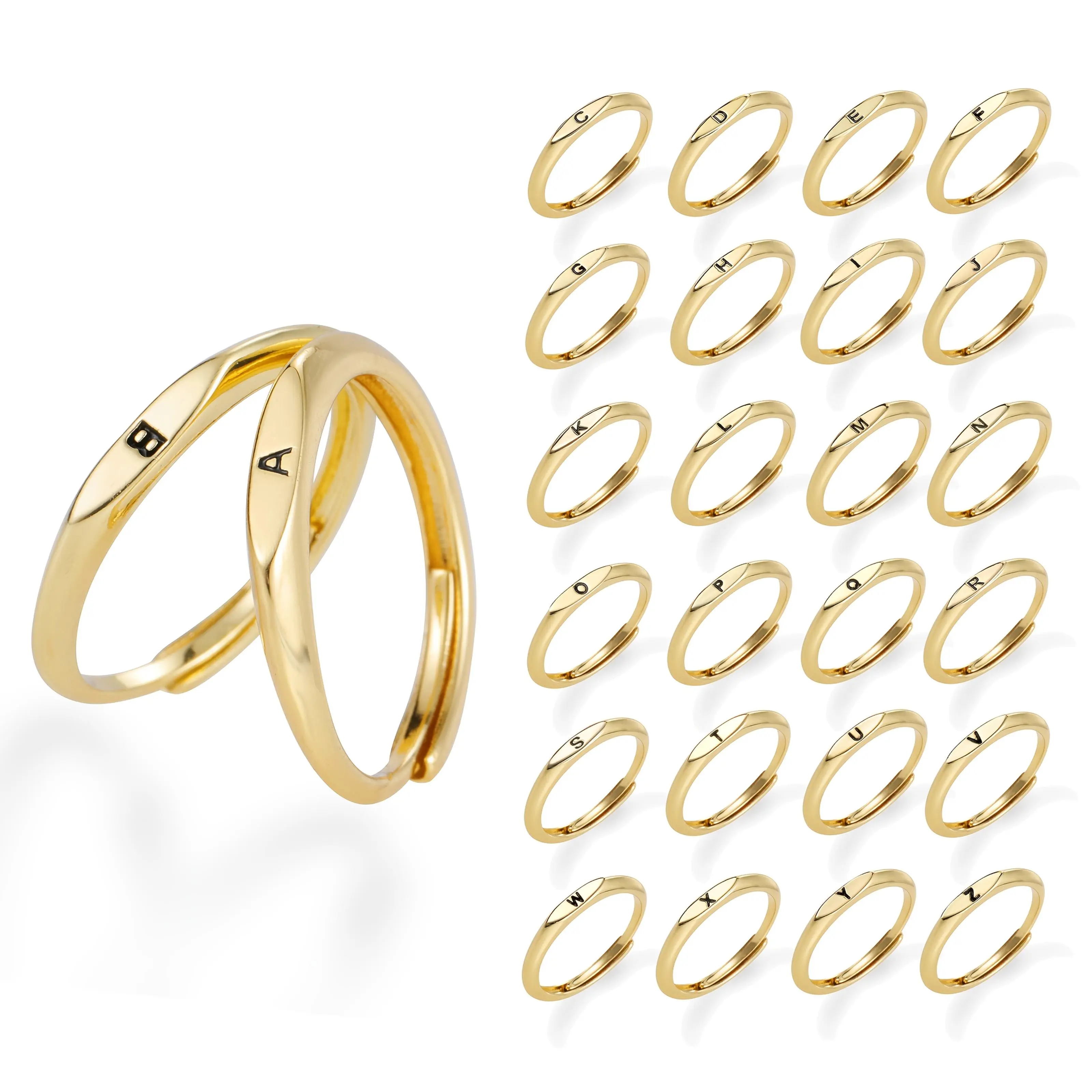 2024 Launch Gold Laminated Initial Letter Shape Multi-Size Cute Style Initial Rings for Women, Customizable Double Mini Costume Jewelry Rings, Customizable Initial Rings