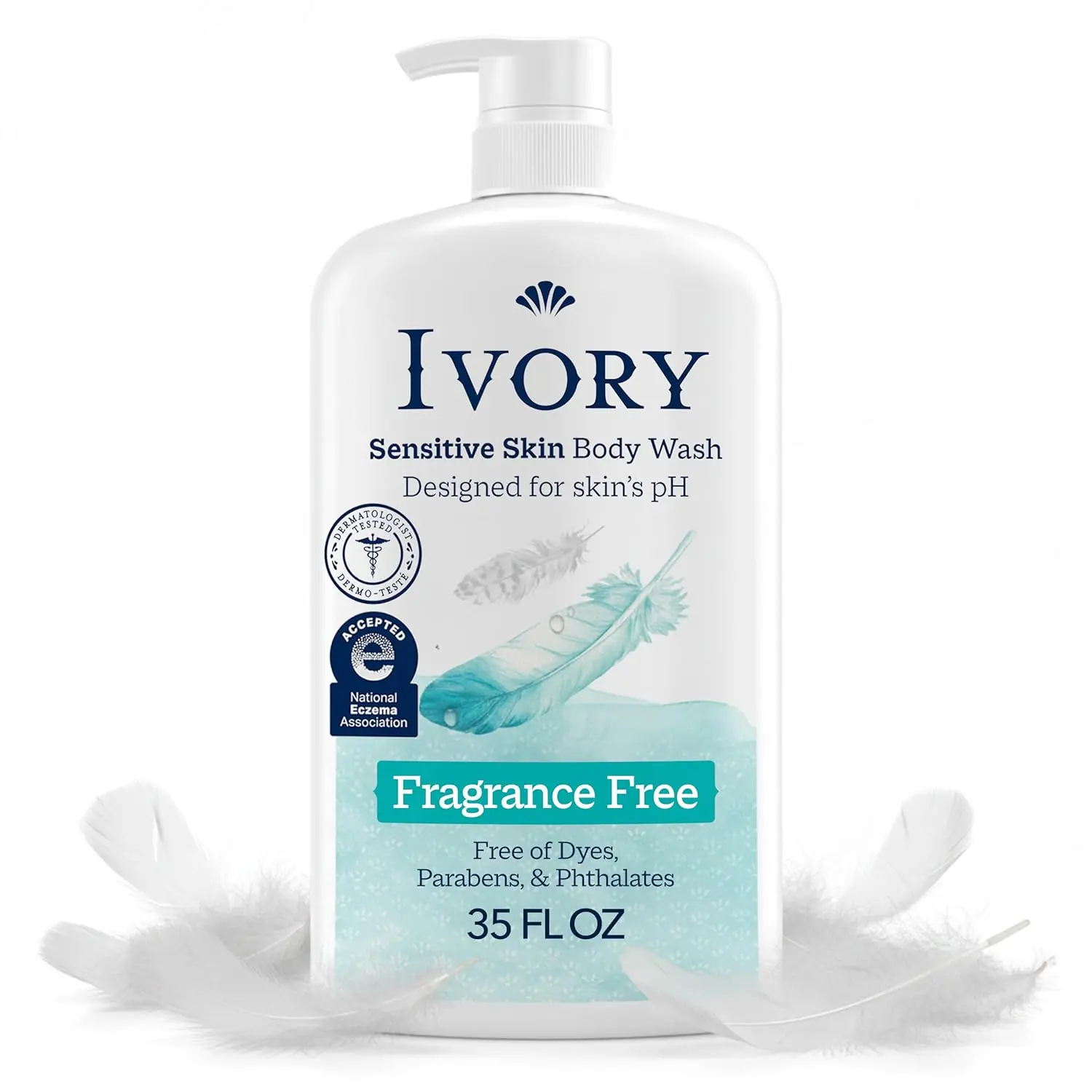 Ivory Sensitive Body Wash, Fragrance-Free, Designed for the Whole Family, Gentle Formula, Free of Dyes Heavy Perfumes Parabens Phthalates & Silicones, Designed for Skin's pH, 35 oz