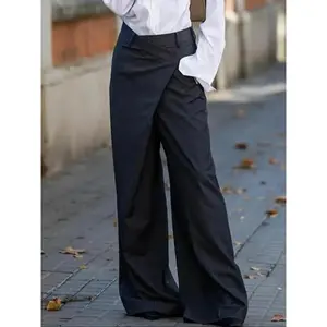Women's Basic Fit Plain Pocket Button-Asymmetrical Wide Leg Pants, Comfortable Casual Solid Color Trousers for Office Work, Lady All-Season Bottoms (Gift)