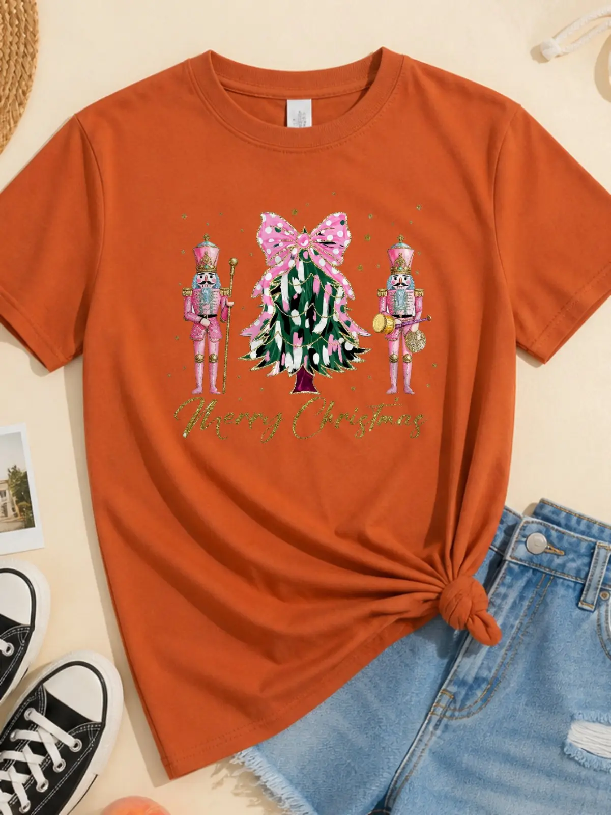 Glitter Pink Bow Christmas Tree Nutcracker Print Women Premium Graphic Tee,100% Cotton Relaxed Fit Crew Neck Short Sleeve Top,Basic Printed T‑Shirt for Street Daily Outdoor Casual Outfits