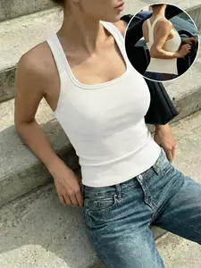 Built-in-Bra Racerback Tank Top for Women - Ribbed Square Neck Camisole, Wireless All-in-One Undershirt, Stretchy Casual Essential