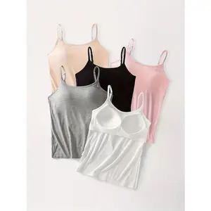 3pcs Women'S Built-In Bra Camisoles - Backless Sleeveless Tank Tops with Padded Bust, Breathable Elastic Layering Shirts, Cozy Winter Underwear Tops, Non-Detachable Padding, Random Colors (Pink/Black/White) - Casual & Clothing Essentials
