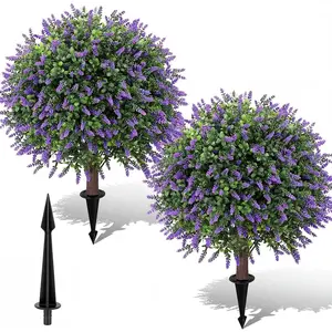 Artificial Boxwood Topiary Ball with Lavender with Spikes for 27" Set of 2, UV Resistant Faux Greenery Shrubs, Realistic Fake Bushes Plants for Yard Front Porch