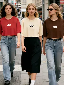 Youthful Cute Women's Short Crop Top T-Shirt Set, Loose Fit Mid-Sleeve Design, Casual & Trendy, Letter Pattern, Perfect for Daily Wear