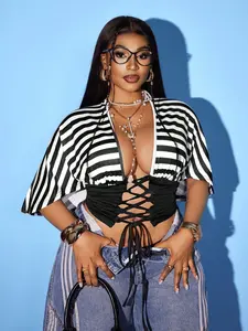 Plus Size Striped Top, Patchwork Tie Waist Short Sleeve, Sexy Street Style, Perfect for Parties and Dates