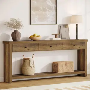 Tribesigns Extra Long Sofa Console Table with Drawers for Living Room - Wooden Entryway Table with Open Shelves, 70.9 Inch, Brown