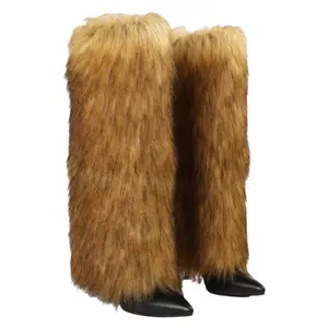 Women's Stilettos Elegant Fluffy Fur Knee High Boots Winter Pointed Toe Fold Over for Stylish Comfort Tactical Walking Shoes