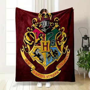 Harry Potter Fans Exclusive Hogwarts Crest Blanket, Restoring The Classic Four House Elements Of Gryffindor Lion Slytherin Snake Hufflepuff Badger And Ravenclaw Eagle, With A Retro Red Background And