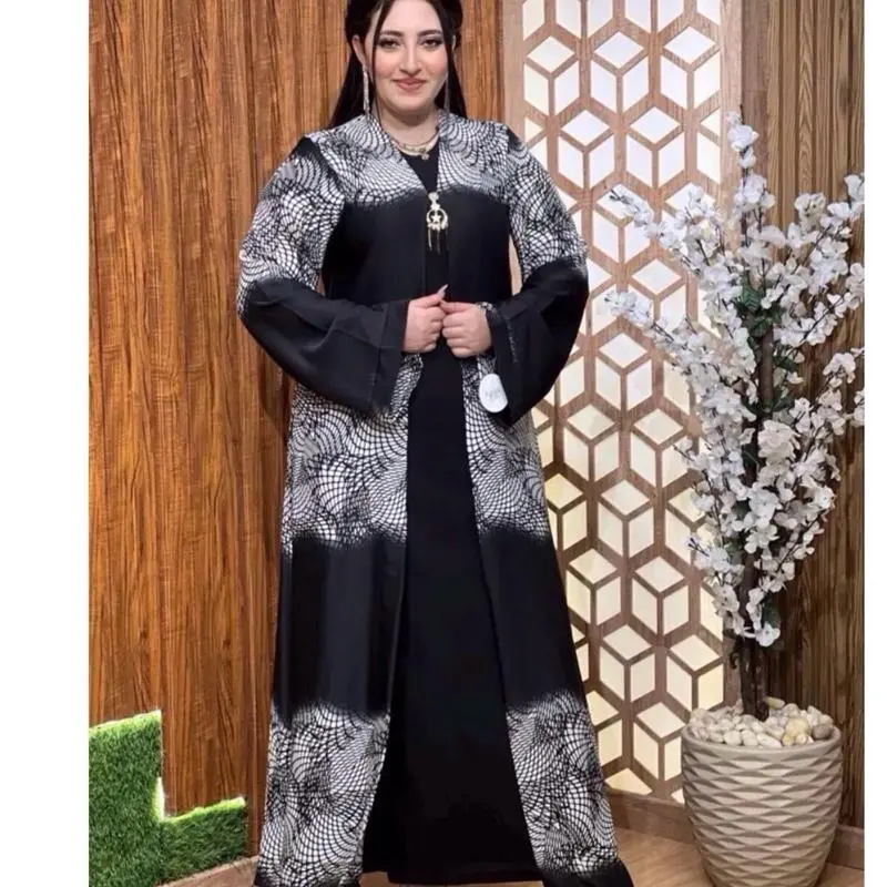 Women's 3-Piece Modest Islamic Abaya Set, Long Sleeve, Black and White Print with Gold Accents, Stylish Comfortable Elegant Islamic Clothing, Three-Pieces