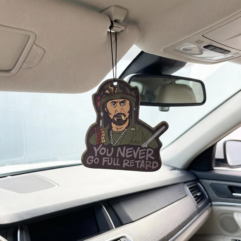 Novelty Car Air Freshener, Tropic Thunder "You Never Go Full Retard" Quote, Long Lasting Scent Pendant, Funny Military Man Cartoon Hanging Ornament for Car Interior Decor